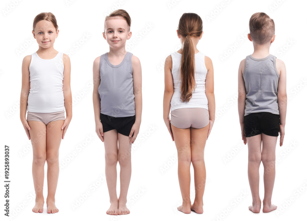 Obraz premium Little girl and boy in underwear on white background. Collage with front and back views