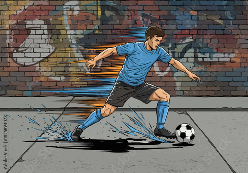 Dynamic illustration of a male soccer player dribbling a football on a street with a graffiti-covered brick wall, showing speed and splashes.
