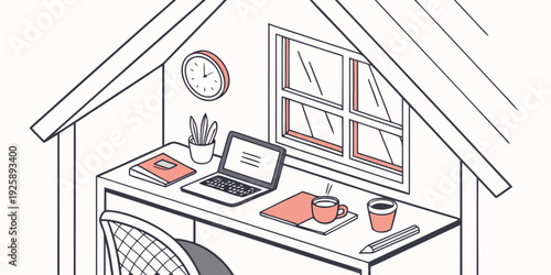 A cozy home office workspace with a laptop, books, and a clock on the wall.