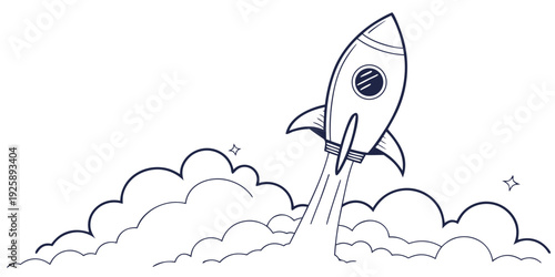 A whimsical rocket ship emerging from playful clouds in a minimalist drawing style