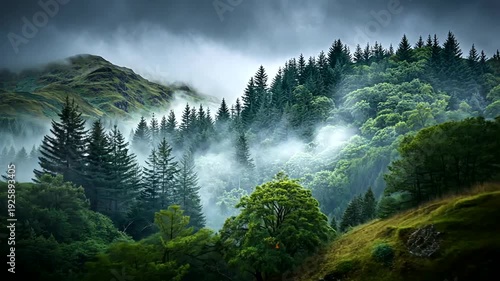 A lush, verdant forest, shrouded in mist, with rolling hills and a moody, atmospheric sky