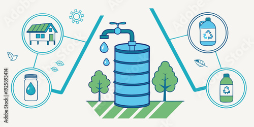 Illustration of sustainable water management and recycling system