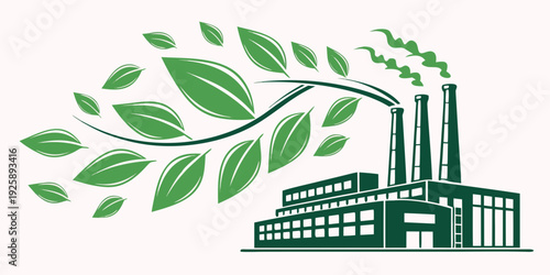 Green leaves sprouting from a factory chimney symbolizing eco-friendly industrial growth
