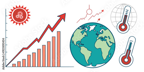 Global growth and climate change awareness depicted through rising trends and weather symbols