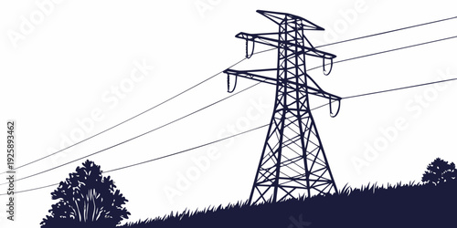 Power transmission tower standing tall against a serene landscape backdrop.