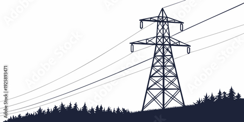 Tall power transmission tower standing amidst a forested landscape under a clear sky