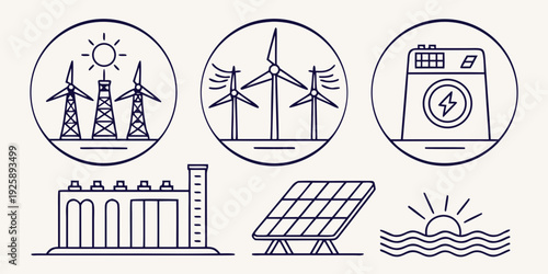 Illustrations of various renewable energy sources and power generation methods