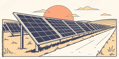 Solar panels array capturing energy during sunset in a desert landscape