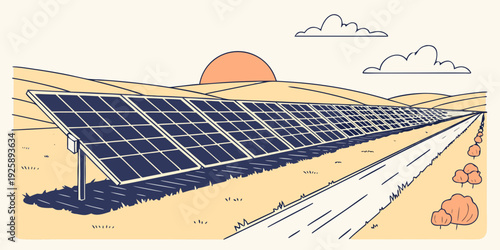 Solar panels array harnessing energy under a bright desert sky with scattered clouds