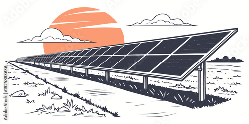 Solar panels array capturing energy during sunset near a scenic landscape