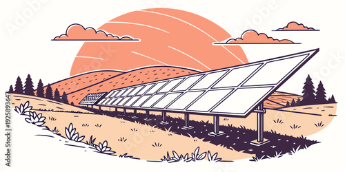 Solar farm basking in the warm glow of a sunset amid a tranquil forest landscape