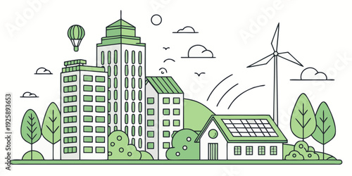 Modern city integrating renewable energy sources with traditional farming