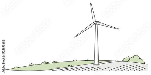 A solitary wind turbine standing on a grassy plain under a clear sky