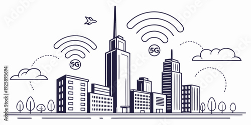 Modern cityscape with wireless connectivity and technology integration