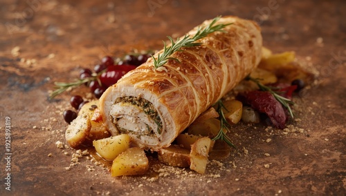 Stuffed chicken roulade with potatoes and rosemary against a detailed backdrop