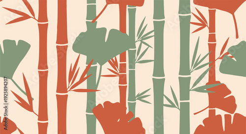 Seamless bamboo and ginkgo leaf pattern in terracotta and sage green on a cream background