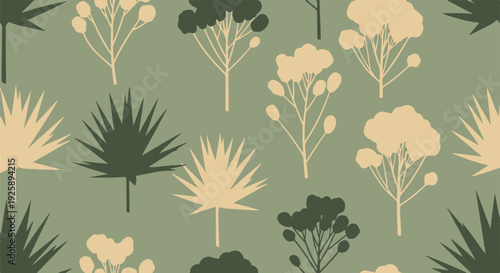 Seamless vector pattern with green and beige botanical elements on a sage green background