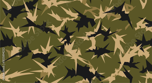 Abstract sharp camouflage seamless pattern in green, black, and beige colors