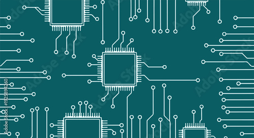 Circuit board pattern with microchips and electronic components on a teal background