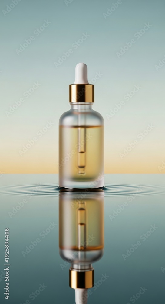 Fototapeta premium Serum bottle with dropper on calm water surface at dusk with reflection