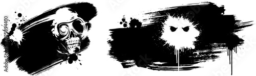 Two grunge ink brush stroke elements with skull and angry face. Includes black paint splatters and drips.