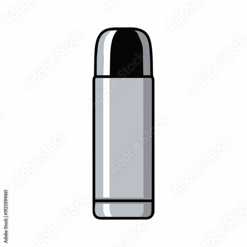 Silver Metal Thermos Bottle With Black Cap and White Background Clean Design