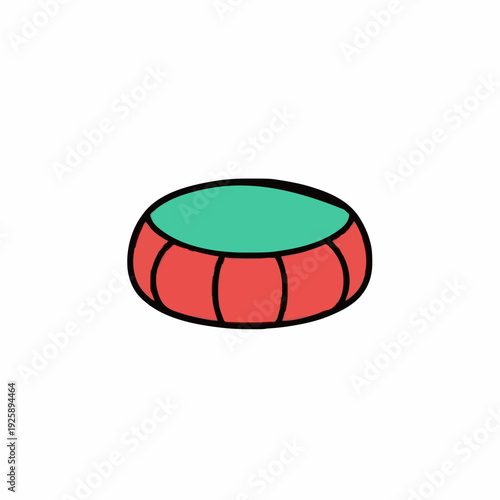 Simple red pouf with teal top on a white background