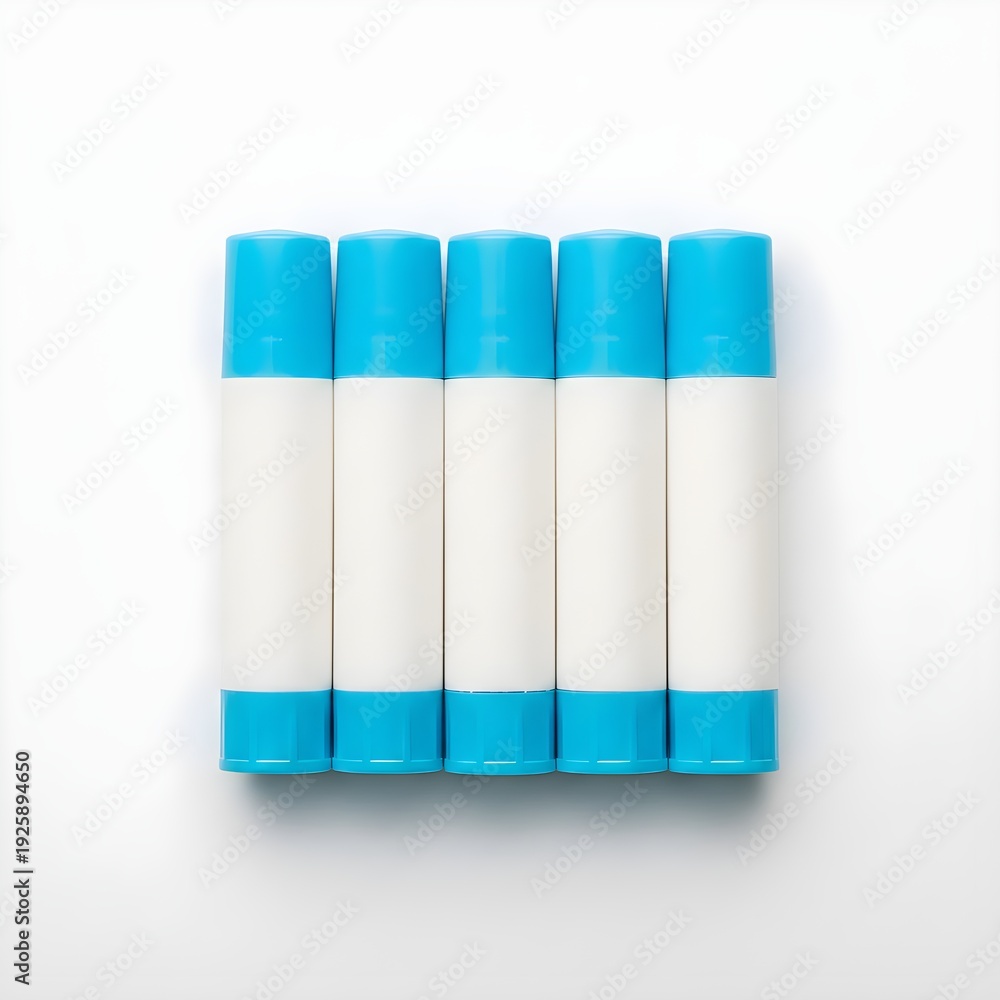 Fototapeta premium Glue Stick Set with Caps Aligned: Clean Classroom Supply Flat Lay, Minimal Craft Essentials for Teachers