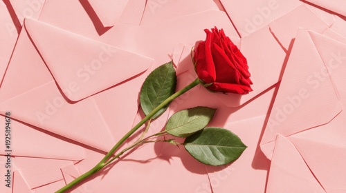 Wallpaper Mural Romantic love theme for Valentines Day. A vibrant red rose with its stem and green leaves set against a backdrop of pink envelopes, creating a striking contrast. Torontodigital.ca