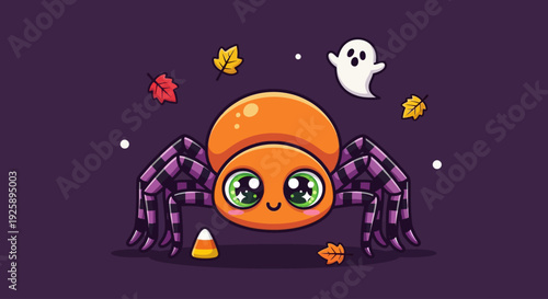 A cute cartoon orange spider with big green eyes and purple striped legs, surrounded by autumn leaves, a ghost, and candy corn on a dark purple background, celebrating Halloween.