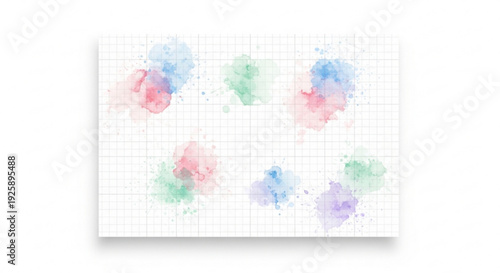 Colorful watercolor splatters on graph paper background artistic design element with pink blue green and purple hues