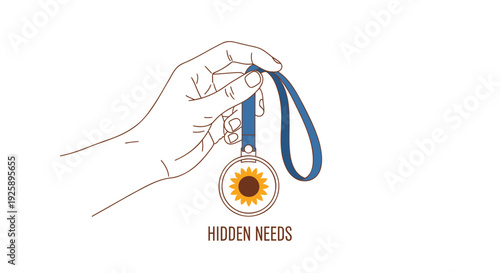 Hand holding sun locket icon with blue strap