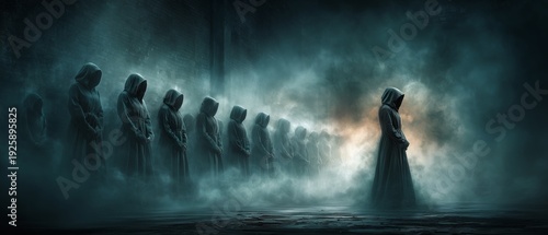 A lone hooded figure faces a line of shadowy silhouettes in misty, dramatic light. The scene evokes judgment, confrontation, or the weight of destiny in eerie silence. Dark sect concept.