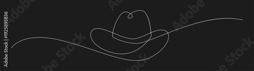 Minimalist Continuous One Line Drawing of Cowboy Hat on Black Background