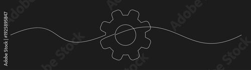 Continuous Line Drawing of a Gear Icon on Black Background, Representing Technology and Process