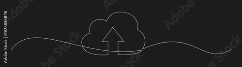 Continuous Line Drawing of Cloud Upload Icon on Dark Background, Minimalist Technology Concept