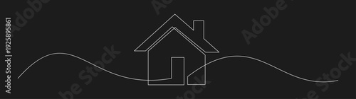 Continuous Line Drawing House Icon. Minimalist One Line Art Home on Black Background.