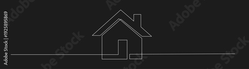 Continuous line drawing of a simple house with a chimney and door on a dark background, representing home, property, or real estate.