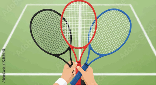 Three tennis rackets in hands on court background  