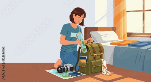 Young woman packing her camera and travel essentials in bedroom  