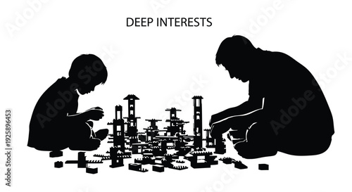 Silhouette of two children building with blocks, deep interests concept