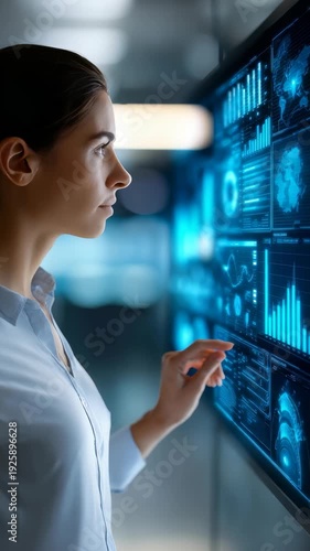 A young woman in formal attire uses an advanced touchscreen panel with glowing data visualizations in a sleek office. The scene highlights digital transformation and smart business solutions in action