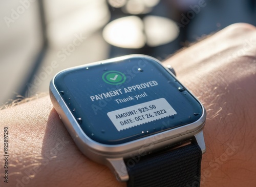 Close up of a person's wrist wearing a smartwatch displaying a payment approved confirmation screen on a sunny day