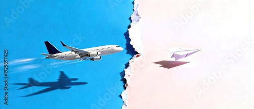 Airplane flying in blue sky with contrails and shadow next to paper airplane on torn paper background