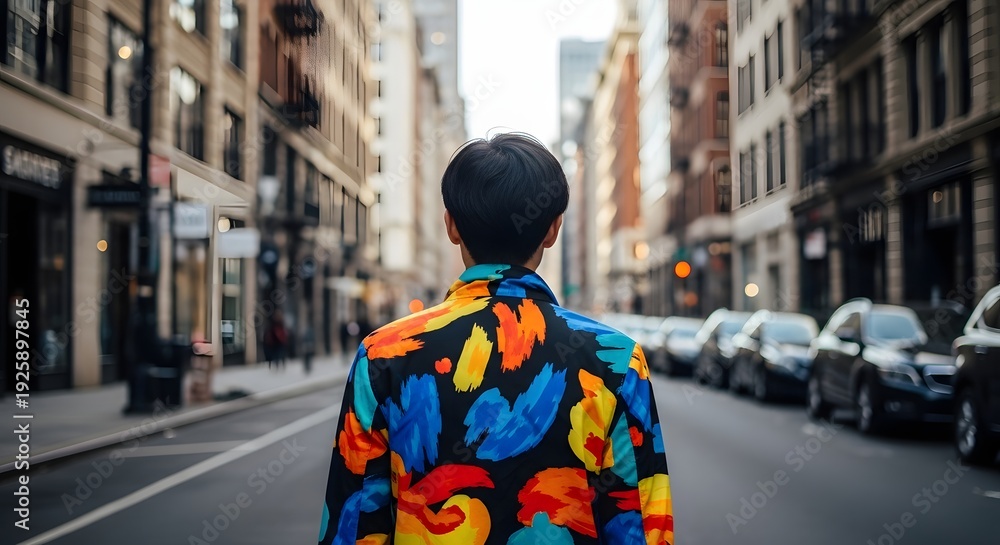 Fototapeta premium Man in vibrant jacket walking down urban city street