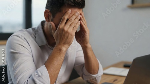 Man in business shirt feeling exhausted and overwhelmed from work, experiencing intense pain and frustration