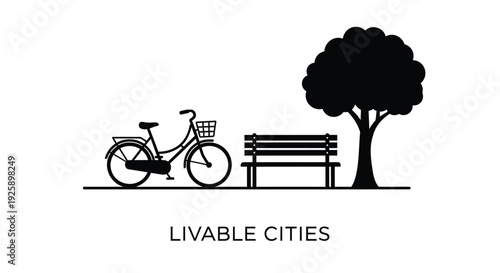 Livable cities icon set, urban planning symbols, bike, bench, tree. Created in simple line style with black and white palette