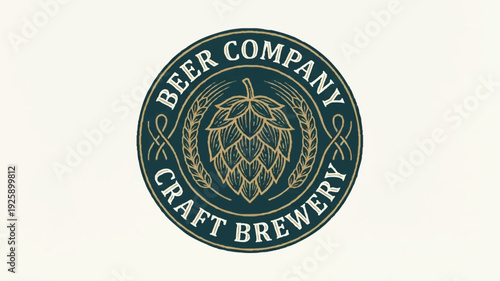 Craft Beer Company Brewery Emblem with Hop and Wheat Design.