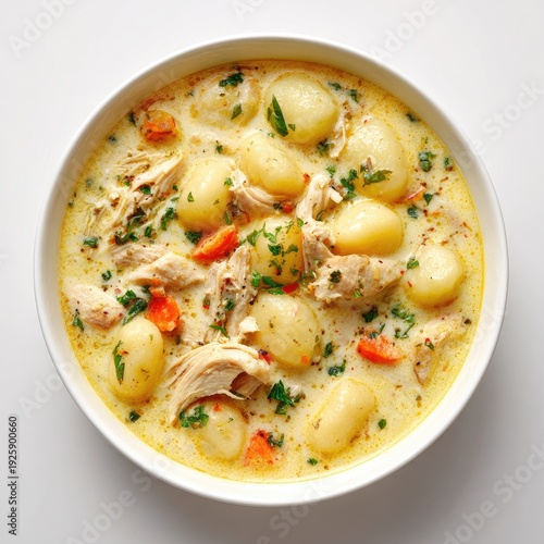Creamy chicken and potato soup with herbs and carrots