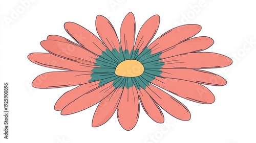 Simple illustration of a pink flower with green center and yellow pollen.